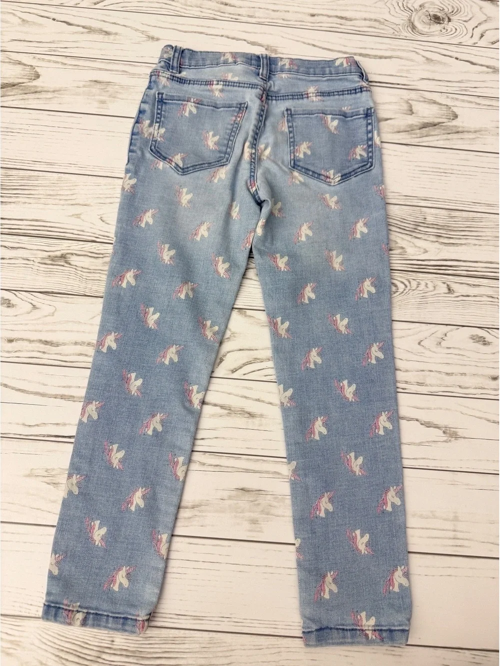 OshKosh Girls Size 7 Light Wash Unicorn Print Jeans Adjustable Waist